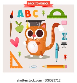 Set of characters animals in cartoon style on the school theme. Back to school. Cute Cat