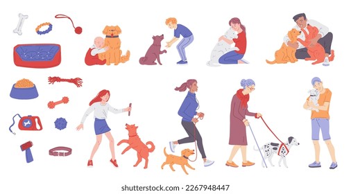 Set of characters with animals and pets care supplies, flat vector illustration isolated on white background. Animals and their owners collection of icons.