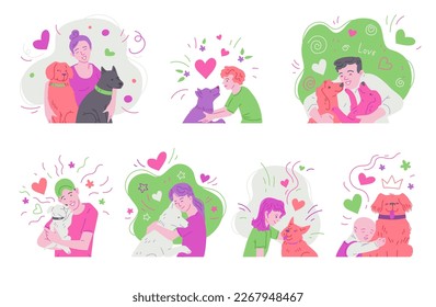 Set of characters with animals and their owners, flat vector illustration isolated on white background. Pets and owners collection of characters in decorative style.