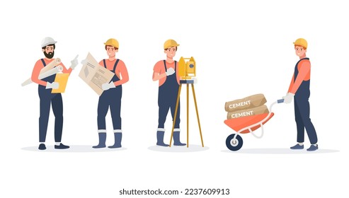 Set of characters: architects, builders, geodesist, worker. Collection of architectural company employees. Flat vector illustration.