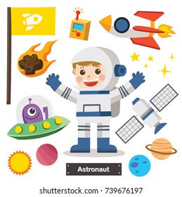 Set of characters of Astronaut with Spacecraft and equipment. Astronaut and Space Icon.