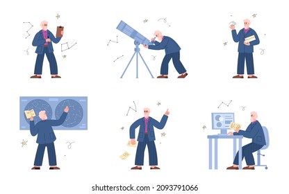 Set of characters of astronomy scientist studying space objects, flat vector illustration isolated on white background. Astronomy science and exploring universe.