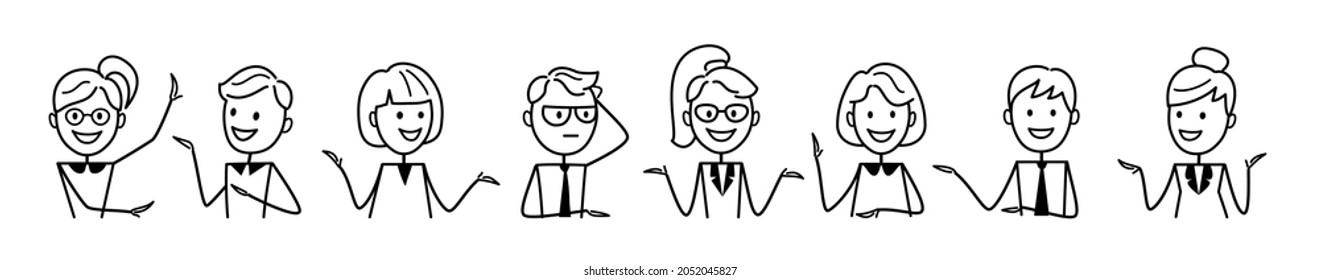 Set of characters, avatars. Emotions. People working in the office negotiate and discuss issues, solve problems, develop ideas, take part in business events.  Web design concept. Outline of a vector 
