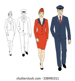 set characters of aviation staff. vector illustration hand drawn. Silhouettes and figures of pilots, flight attendants, flight crew