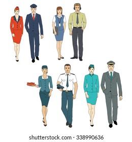 set characters of aviation staff. vector illustration hand drawn. Silhouettes and figures of air traffic controllers, managers, representatives of airlines, flight crew