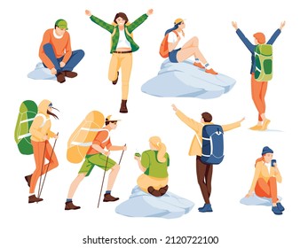 Set of characters of backpackers on a white background. Hiking and walking moutains. Flat vector illustration