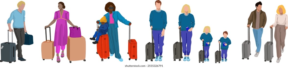 Set of characters with baggages. Trip topic. Vector Illustration. Isolated illustrations.