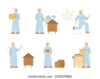 Set characters of beekeeper or hiver in protective overall taking care of bees, cartoon vector illustration isolated on white background. Bee-garden or apiary workers.