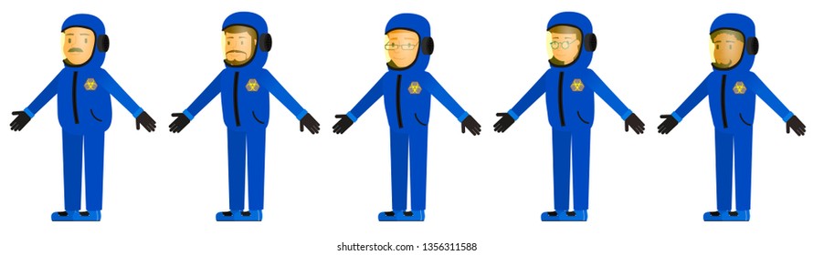 A set of characters in bioprotection suits. Vector illustration, flat style drawing. Isolated on a white background.