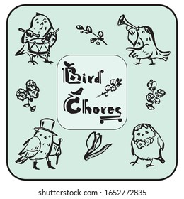 Set of characters of birds, flowers, lettering. Drawn by hand. Vector illustration. On a light green background.
