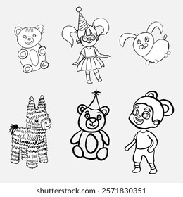 A set of characters for birthdays. Vector image in pencil drawing style. Boys and girls, a bear, a pinata, a rabbit.