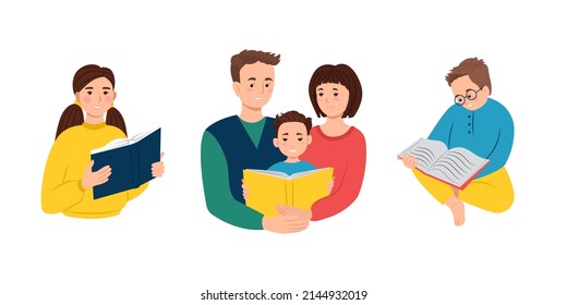 Set of characters with a book, parents with a child reading a book, children with books, vector illustration. Clip art.