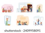 Set Characters with Boxes. Family Relocation to New Home. Father with Kids Carrying Stuff, Cleaning Service Washing and Vacuuming, Mother and Kids Playing with Toys. Cartoon People Vector Illustration