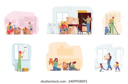 Set Characters with Boxes. Family Relocation to New Home. Father with Kids Carrying Stuff, Cleaning Service Washing and Vacuuming, Mother and Kids Playing with Toys. Cartoon People Vector Illustration