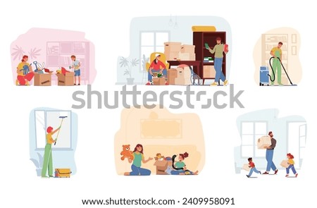 Set Characters with Boxes. Family Relocation to New Home. Father with Kids Carrying Stuff, Cleaning Service Washing and Vacuuming, Mother and Kids Playing with Toys. Cartoon People Vector Illustration