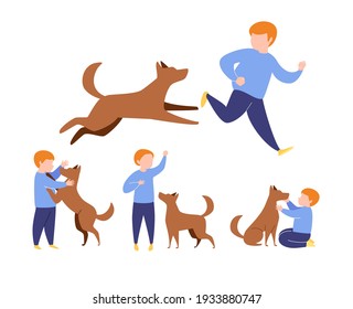 Set of characters. Boy with his beloved dog.