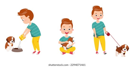 Set of characters. Boy with his beloved dog. Kids doing housework chores at home concept. Vector cartoon illustration 
