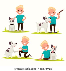 Set of characters. Boy with his beloved dog. Vector illustration of a flat design