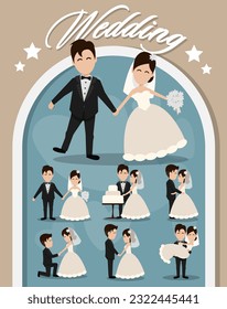 Conjunto de personajes novia y novio. Elemento para invitaciones de boda. Pareja feliz celebrando el matrimonio.Ilustración vectorial en estilo de caricatura