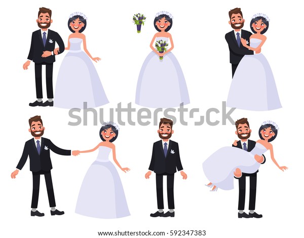 新郎新婦のキャラクターのセット 新婚者が踊り 手をつかみ 抱きしめる 結婚式の招待のエレメント カートーンスタイルのベクターイラスト のベクター画像素材 ロイヤリティフリー 592347383