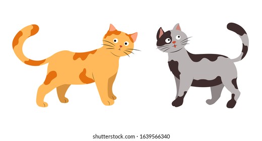 Set characters of brindle kittens. Cute open eyed cats in hand drawn style. Vector flat cartoon illustration.