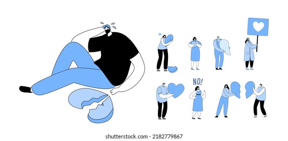 Set of Characters with Broken Heart. Depressed Heartbroken Man Sitting on Ground and Crying. End of Love and Toxic Relations, Family Divorce and Separation Concept. Cartoon People Vector Illustration