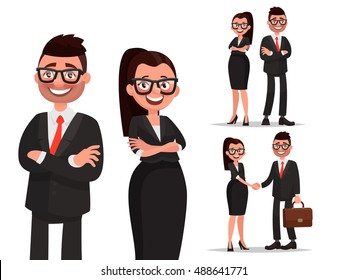 Set of characters business couple. Handshake and cooperation. Man and woman dressed in business suits. Businessman and businesswoman