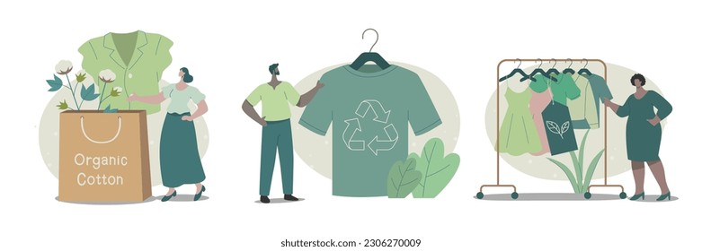 Set of characters buying recycling eco friendly clothes and textile sustainable fashion. Vector design illustration.