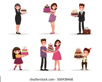 Set of characters with a cake. Office worker, businessman, housewife, children celebrate. Vector illustration in a flat style