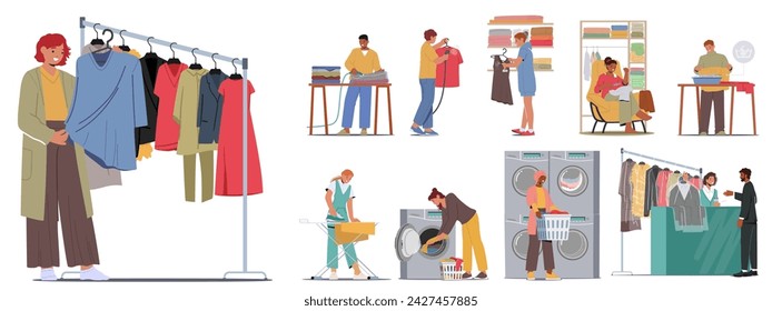 Set of Characters Care of Clothes. Men and Women Washing, Ironing, Sewing, Visiting Public Laundry and Vacuuming Garment. People Handwash, Use Steamer and Remove Stains. Cartoon Vector Illustration