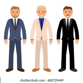 Set characters cartoon by young men business suits clothes.Businessmen in jackets and trousers and boots a beard and moustaches.Blonde a light suit,brunette in black,and in a tie red.In flat vector.