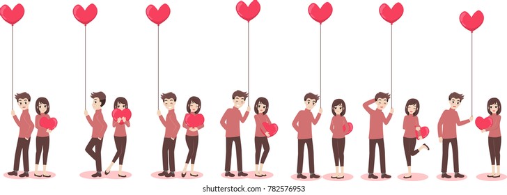 Set of characters cartoon cute couple of lover for valentine's day, holidays of love flat decorative elements with young women and men, romance, hearts, heart balloons of love,vector illustration