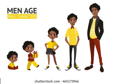 Set of characters in cartoon flat style. Male characters, the cycle of life, stages of growing up from baby to man.