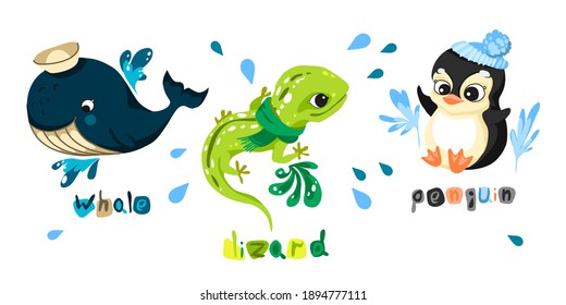 Set of characters in cartoon style, fun and attractive animals. Vector illustration without outlines on a solid background.