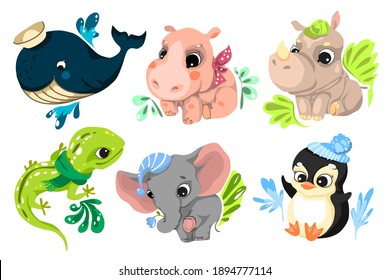 Set of characters in cartoon style, fun and attractive animals. Vector illustration without outlines on a solid background.
