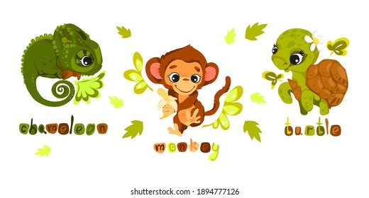 Set of characters in cartoon style, fun and attractive animals. Vector illustration without outlines on a solid background.