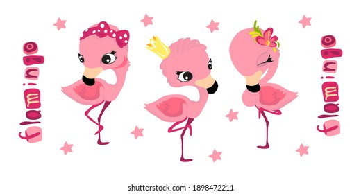 Set of characters in cartoon style, fun and attractive flamingo. Vector illustration without outlines on a solid background.