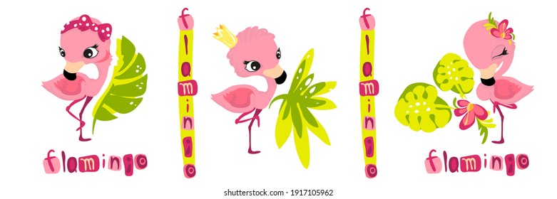 Set of characters in cartoon style, fun and attractive flamingo. Vector illustration without outlines on a solid background.
