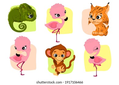 Set of characters in cartoon style, fun and attractive animals. Vector illustration without outlines on a solid background.