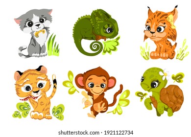 Set of characters in cartoon style, fun and attractive animals. Vector illustration without outlines on a solid background.