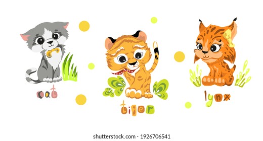 Set of characters in cartoon style, fun and attractive animals. Vector illustration without outlines on a solid background.