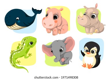 Set of characters in cartoon style, fun and attractive animals. Vector illustration without outlines on a solid background.