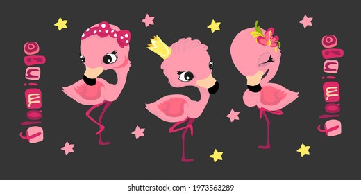 Set of characters in cartoon style, fun and attractive flamingo. Vector illustration without outlines on a solid background.