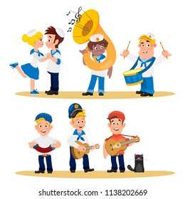 Set of characters in the cartoon style. Merry sailors with musical instruments, a girl and a fisherman.