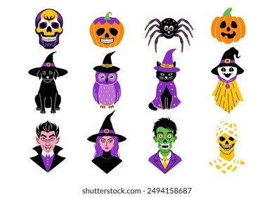 Set of characters in cartoon style on the theme of the Halloween holiday.