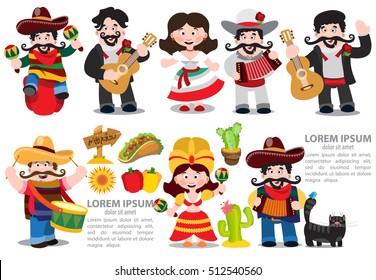 Set of characters in cartoon style on Mexican themes. Men and women in traditional clothing meksikanskots.