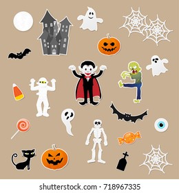 Set of characters in cartoon style with pumpkin, dracula, skeleton, mummy, zombie, black cat, bat, castle, ghost and elements of halloween festival on paper background. Vector illustration.