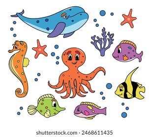 Set of characters in cartoon style. Vector illustration. Isolated. Underwater world. Fish, corals, whales, dolphins. octopus.  Hand drawn. Isolated. Marine. Aquarium. Sea and river.