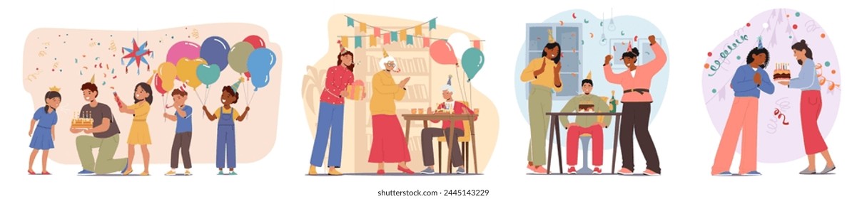 Conjunto de personajes celebran el cumpleaños. Los Amigos Se Reúnen Alrededor De Un Pastel, Cantando Alegremente. La Persona De Cumpleaños Pide Un Deseo, Sopla Las Velas Entre Vítores Y Risas. Ilustración vectorial de Personas de dibujos animados