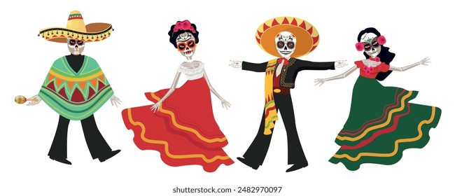 Set of characters celebrating Day of the Dead in cartoon style. Vector illustration of people in carnival clothes in various poses: costumes, dresses with lush skirts, skull masks, hats, maracas.